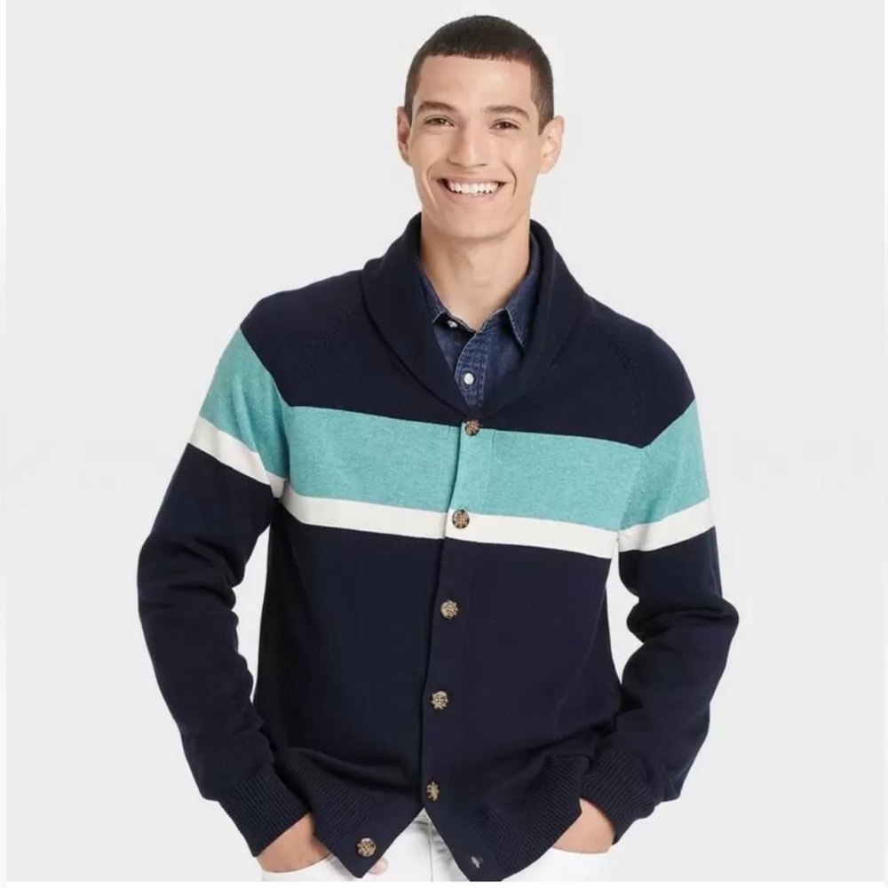 Goodfellow &Co. Men's Striped Collared Button-Up Cardigan, Navy & Turquoise